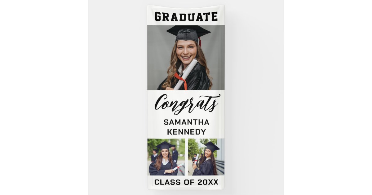 Black And White 3 Photo Vertical Graduation 2025 Banner | Zazzle