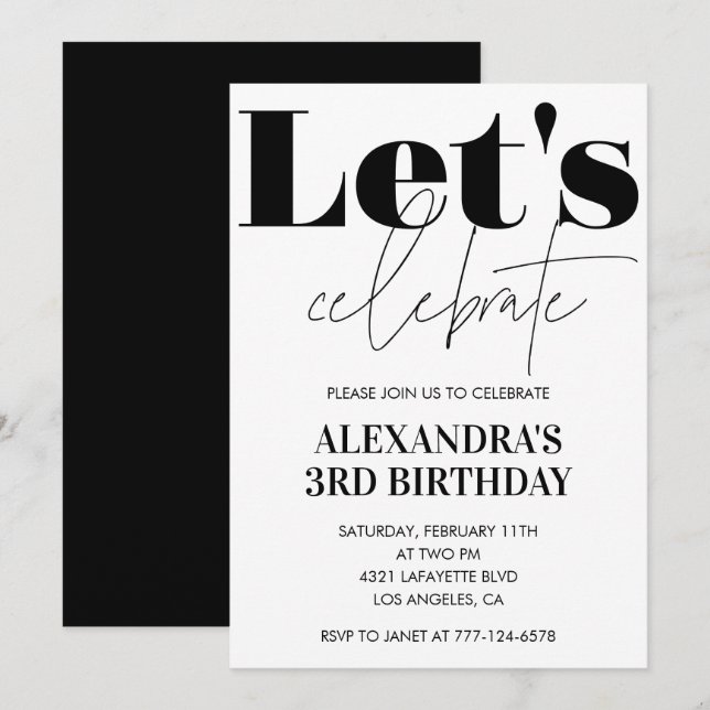 Black and White 3rd birthday invitation Modern (Front/Back)