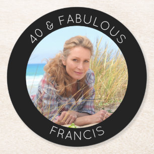 Black and White 40 & Fabulous Photo Round Paper Coaster