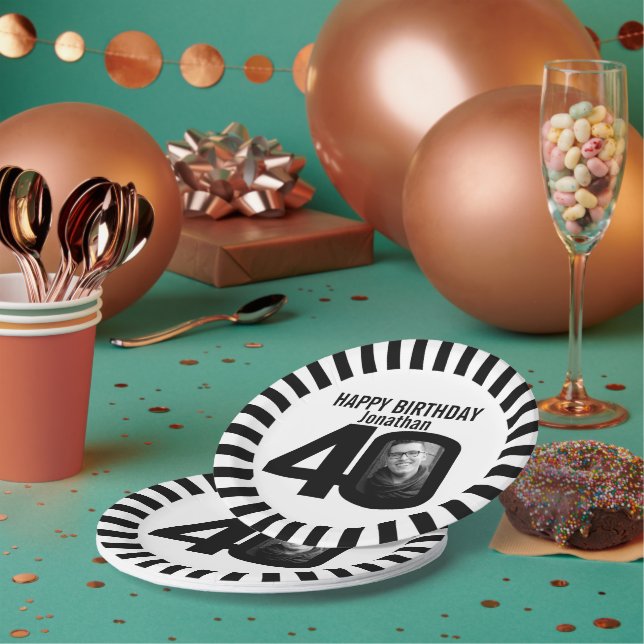 Black and white 40th birthday photo and stripes paper plates (Multi)