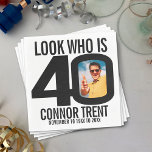 Black and white 40th birthday photo look who is napkins<br><div class="desc">Fortieth birthday photo look who is 40 party napkins in simple elegant black and white. Great idea for adding some stylish simple fun to a 40th birthday party. Personalize with your own photo in the 0 of 40. Reads Happy Birthday 40. Other matching items are available. Graphics by Sarah Trett...</div>