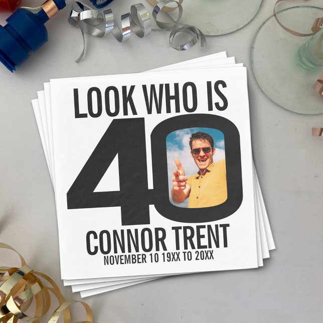 Black and white 40th birthday photo look who is napkins (Creator Uploaded)
