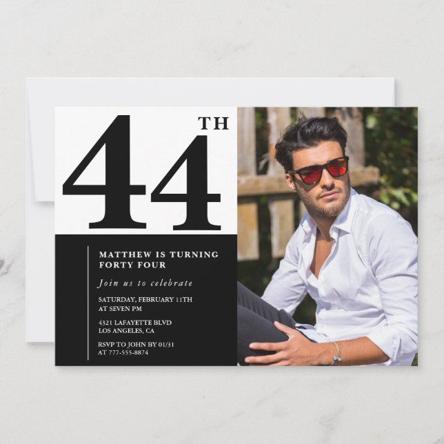 Black and White 44th Birthday Invitations Photo (Front)