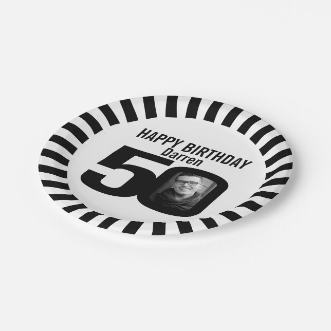 Black and white 50th birthday photo and stripes paper plates (Angled)