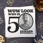 Black and white 50th birthday photo look who is  napkins<br><div class="desc">Sixtieth birthday photo Wow look who is 50 party napkins in simple monotone black and white. Great idea for adding some fun, humor and a talking point to a 50th birthday party. Personalize with your own photo in the 0 of 50. Reads Wow look who is 50 and then add...</div>