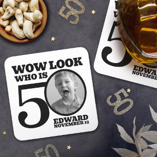 Black and white 50th birthday photo look who is  square paper coaster