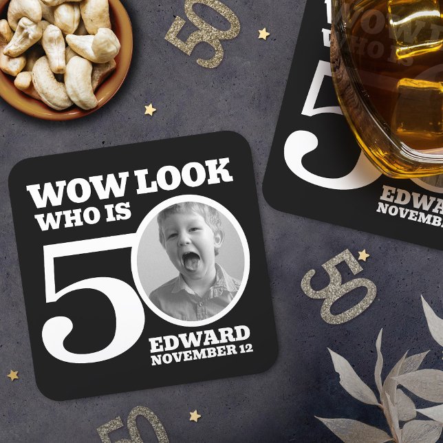 Black and white 50th birthday photo look who is  square paper coaster (Creator Uploaded)
