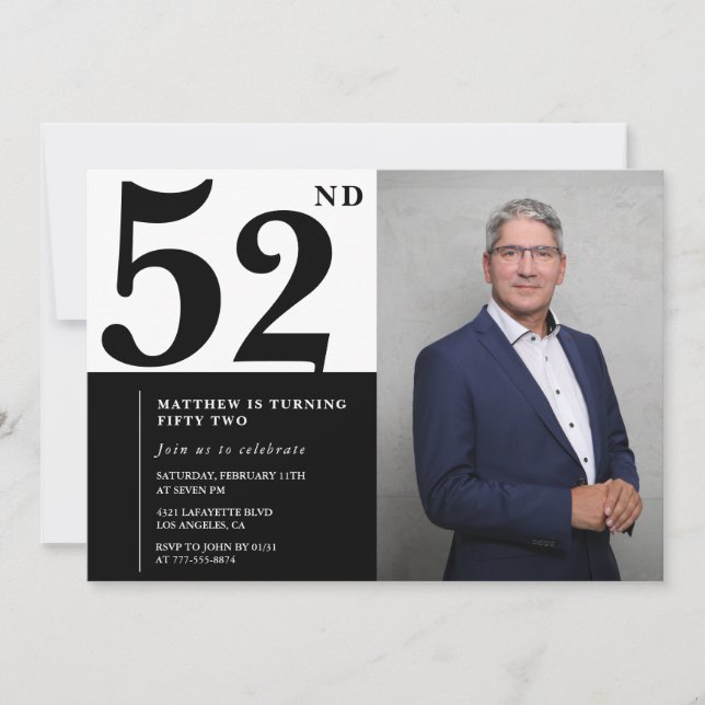 Black and White 52nd Birthday Invitations Photo (Front)