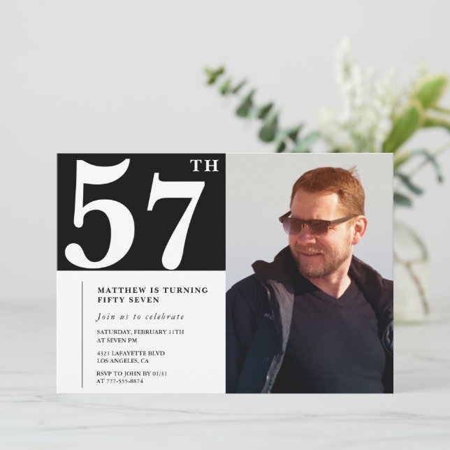 Black and White 57th birthday Invitations Photo (Standing Front)