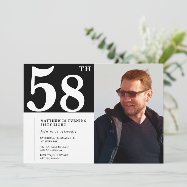 Black and White 58th birthday Invitations Photo (Standing Front)