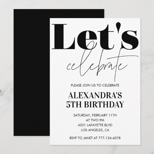 Black and White 5th birthday invitation Modern (Front/Back)