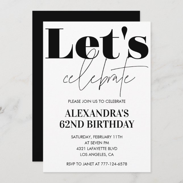 Black and White 62nd birthday invitation Modern (Front/Back)