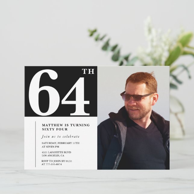 Black and White 64th birthday Invitations Photo (Standing Front)