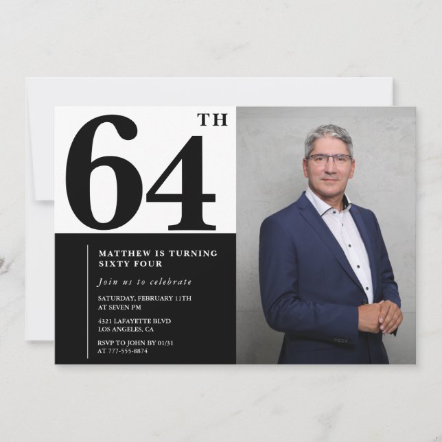 Black and White 64th Birthday Invitations Photo (Front)