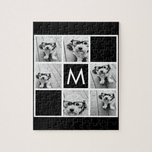 Black and White 6 Photo Collage Custom Monogram Jigsaw Puzzle