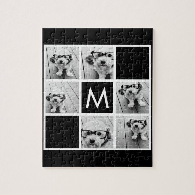 Black and White 6 Photo Collage Custom Monogram Jigsaw Puzzle (Vertical)