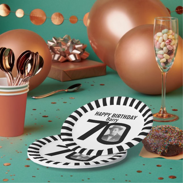 Black and white 70th birthday photo and stripes paper plates (Multi)