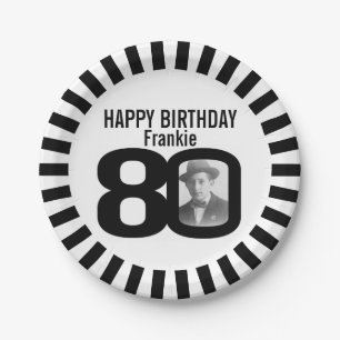 Black and white 80th birthday photo and stripes paper plates