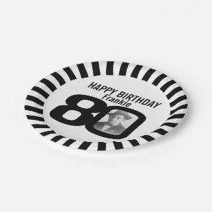 Black and white 80th birthday photo and stripes paper plates