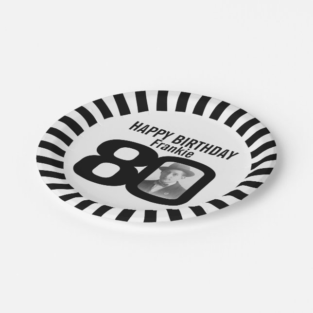Black and white 80th birthday photo and stripes paper plates (Angled)