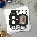 Black and white 80th birthday photo look who is napkins<br><div class="desc">Sixtieth birthday photo look who is 80 party napkins in simple elegant black and white. Great idea for adding some stylish simple fun to a 80th birthday party. Personalize with your own photo in the 0 of 80. Reads Happy Birthday 80. Other matching items are available. Graphics by Sarah Trett...</div>