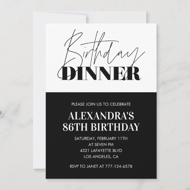 Black and white 86th birthday invitations Dinner (Front)