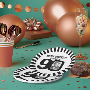 Black and white 90th birthday photo and stripes paper plates
