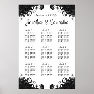 Black and White 9 Wedding Tables Seating Charts