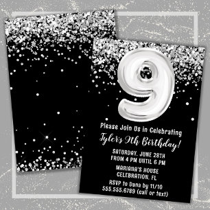 Black and White 9th Birthday Party Invitation