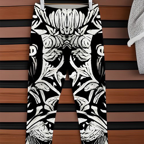 Black and White Abstract Botanical Floral Vines Leggings