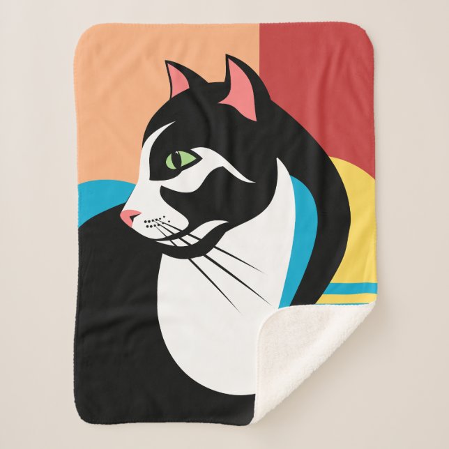 Black and White Abstract Cat Sherpa Blanket (Front)