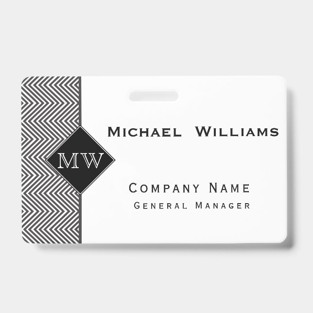 Black and White Abstract Chevron Pattern Monogram Badge (Front)