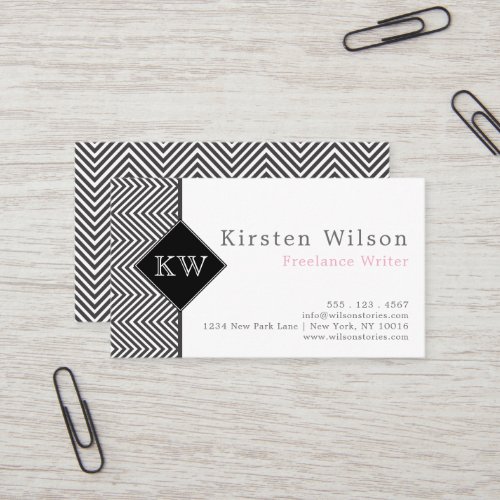 Black and White Abstract Chevron Pattern Monogram Business Card