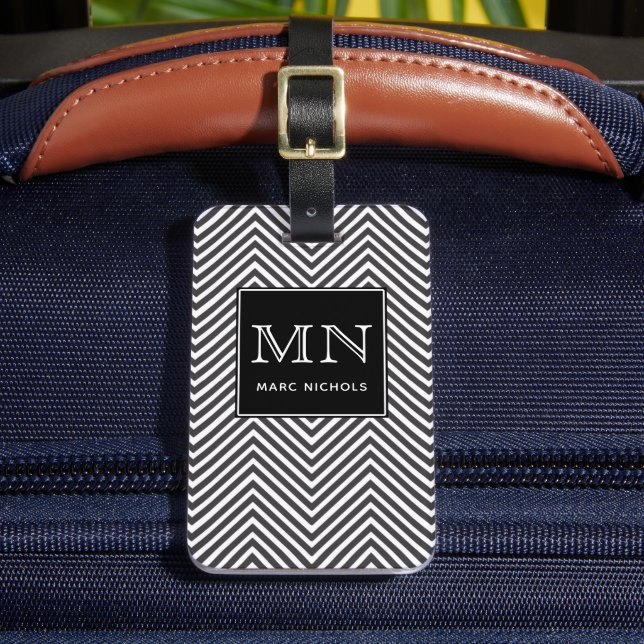 Black and White Abstract Chevron Pattern Monogram Luggage Tag (Front Insitu 2)