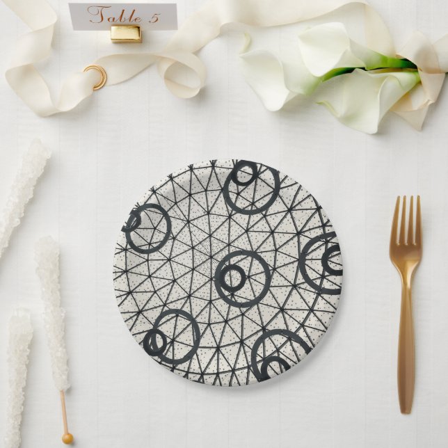 Black and White Abstract Circles Pattern Paper Plates (Wedding)