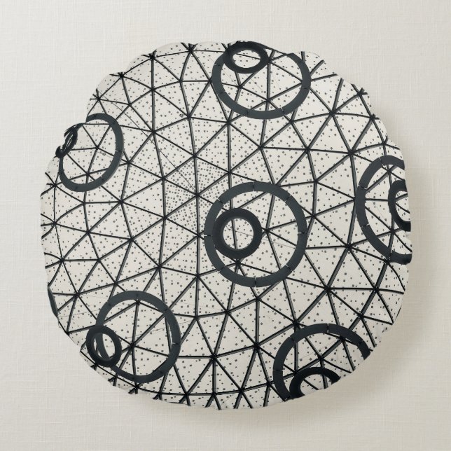 Black and White Abstract Circles Round Pillow (Front)