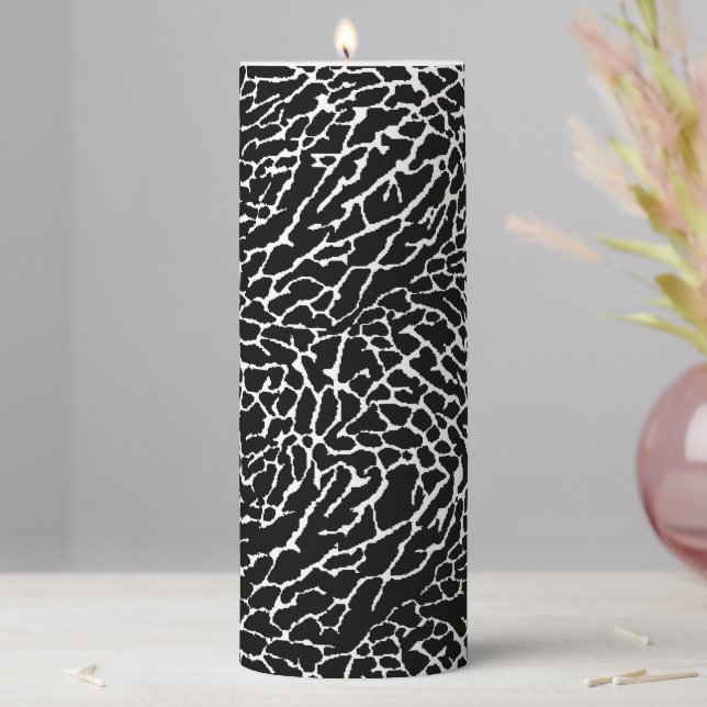 Black and White Abstract Elephant Print Pillar Candle (In Situ)
