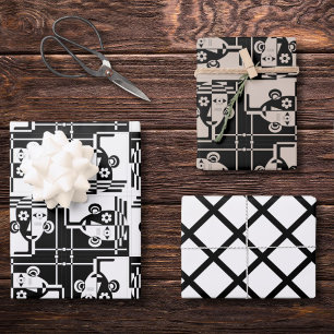 Black and white abstract faces geometrical pattern wrapping paper sheets