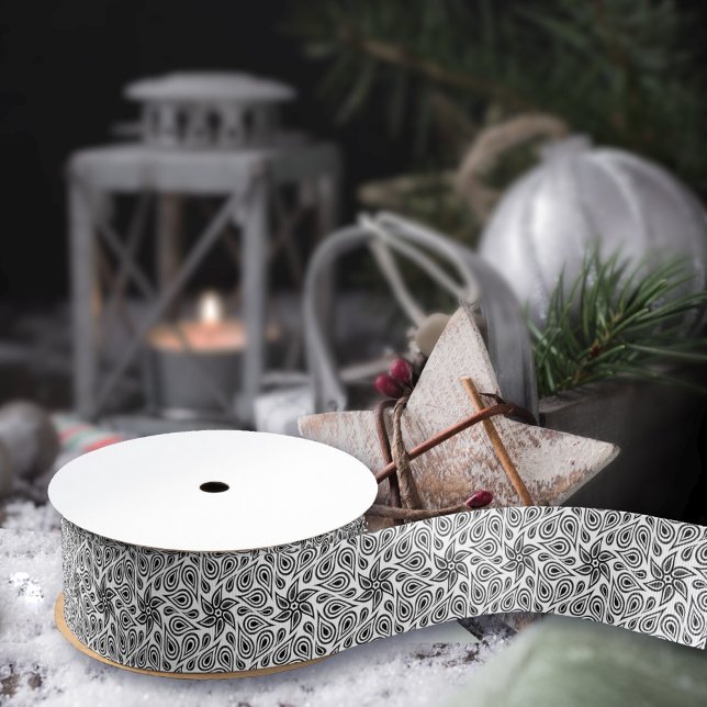    Black and White Abstract Floral Paisley Pattern Grosgrain Ribbon (Creator Uploaded)