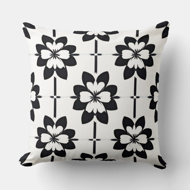 Black and White Abstract Floral Pattern Throw Pillow (Front)