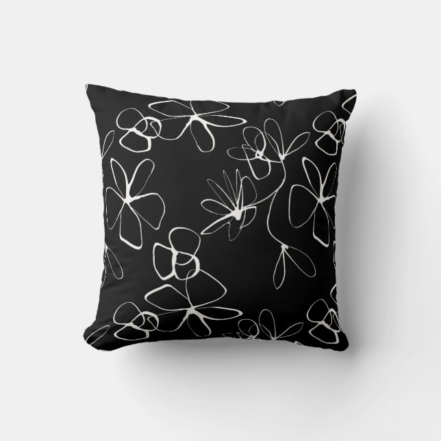 Black and White Abstract Floral  Throw Pillow (Front)