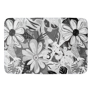 Black and White Abstract Floral Whimsical Bath Mat