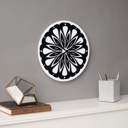 Black and White Abstract Flower Large Clock