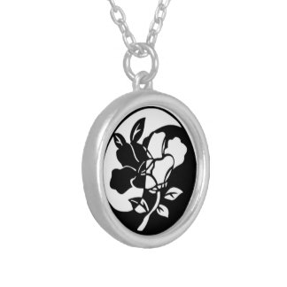Black and White Abstract  Flowers Yen Yang Silver Plated Necklace