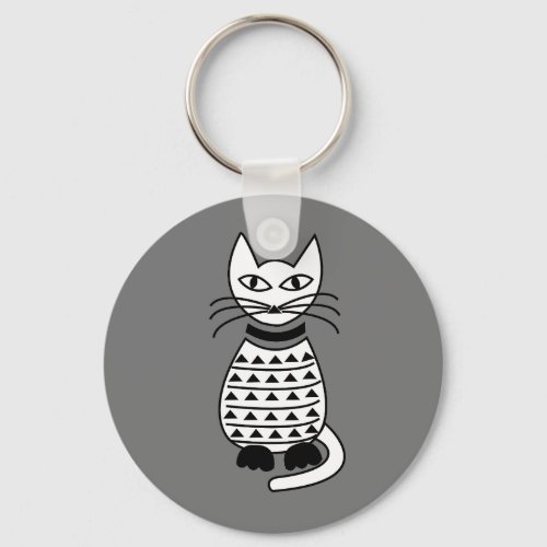 Black and White Abstract Geometric Cat Keychain