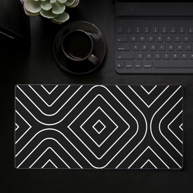 Black And White Abstract Geometric Gaming Desk Mat (Large desk mat with black and white abstract geometric pattern, full desk mouse pad)