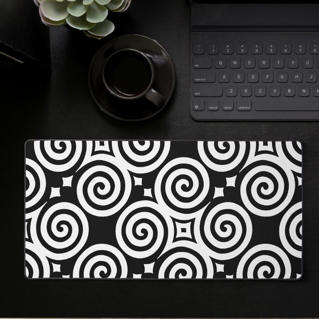Black And White Abstract Geometric Gaming Desk Mat (Large desk mat with black and white abstract geometric pattern, full desk mouse pad)