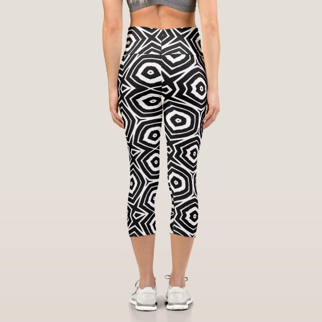 Black and White Abstract Geometric Pattern Capri Leggings (Back)