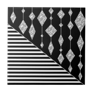 Black and white, abstract, geometric, simple, Scan Ceramic Tile