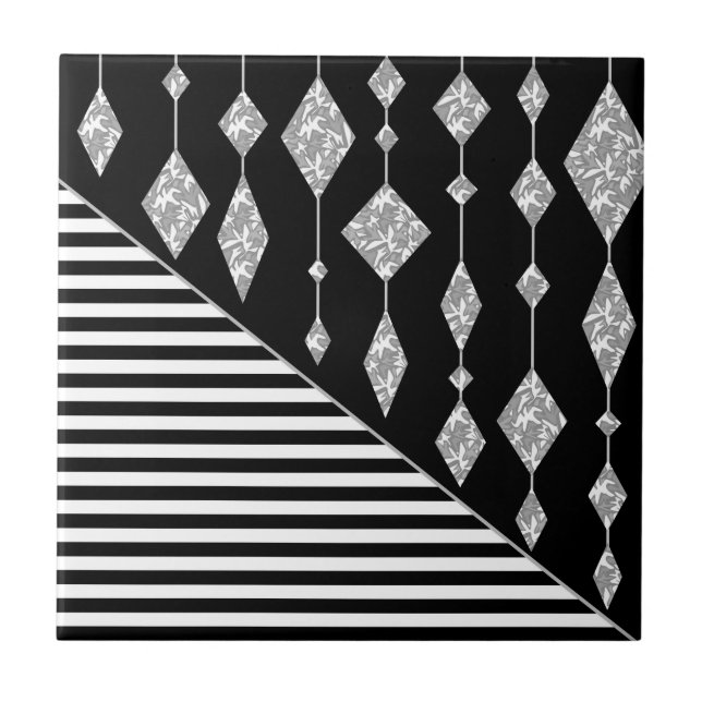 Black and white, abstract, geometric, simple, Scan Ceramic Tile (Front)